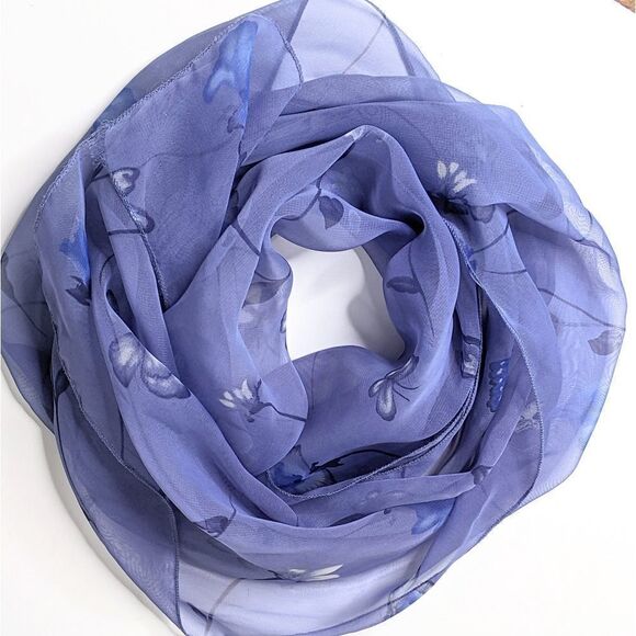 Blue Floral & Butterfly Design Sheer Oblong Scarf - Picture 1 of 6